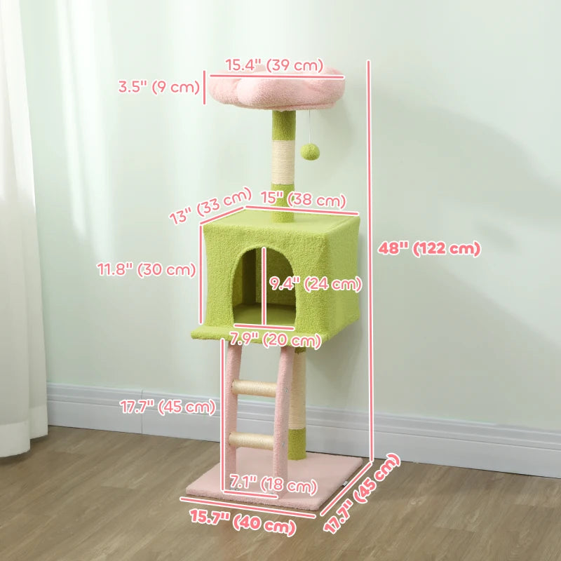 48" Flower Cat Tree with Scratching Post, Cozy Bed, Condo, Climbing Ladder, Perch, Dangling Ball, Green