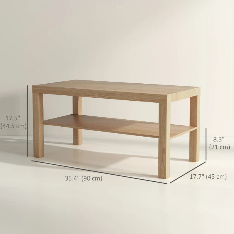 2 Tier Coffee Table with Storage Shelf, Rectangular Center Table for Living Room, Home Office Furniture Nature Wood