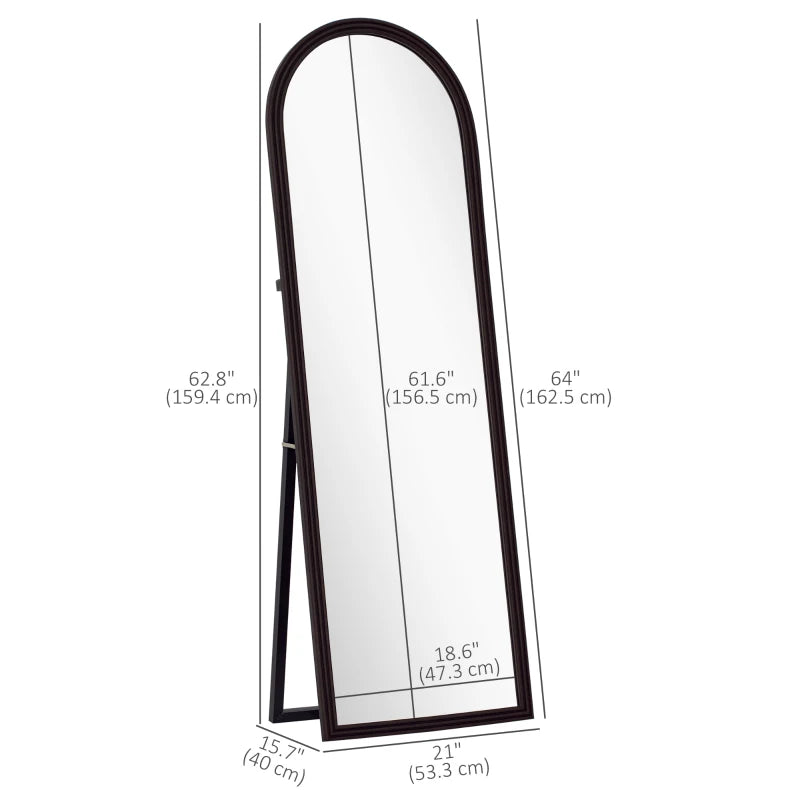 64" x 21" Full Length Mirror, Free Standing, Leaning or Wall, Arched Full Body Mirror, Brown Wood Grain