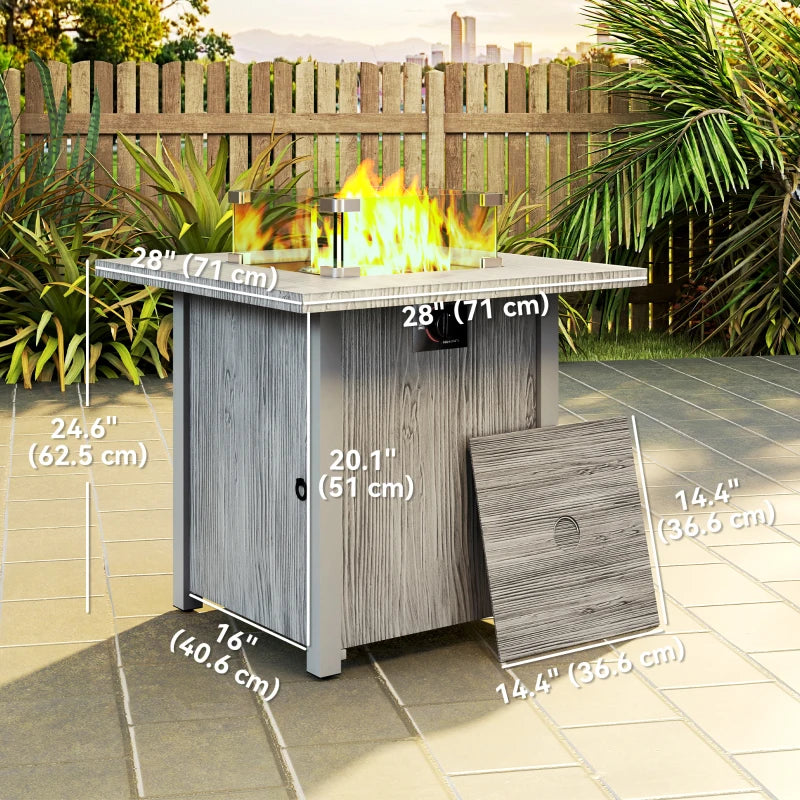 28" 50,000 BTU Gas Fire Pit Table with Cover and Glass Screen, Grey