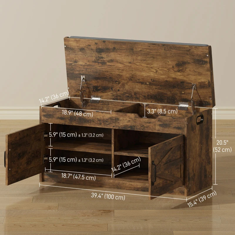 Shoe Storage Bench, Entryway Bench with 2-Tier Cabinet, Flip-Top Storage, Padded Cushion for Hallway, Rustic Brown