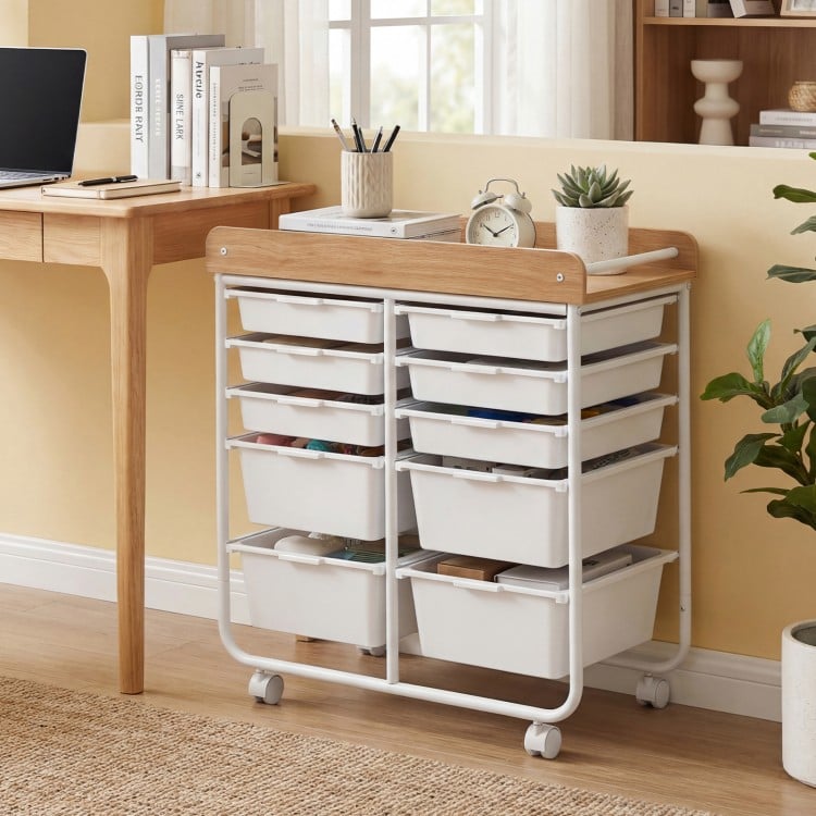 10-Drawer Rolling Cart with Wooden Tabletop and Lockable Wheels for Office-White