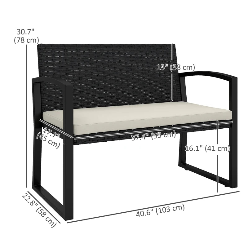 2 Seater Outdoor Bench, Rattan Garden Bench Loveseat with Cushion, Armrests, Steel Frame for Patio, Porch, Beige