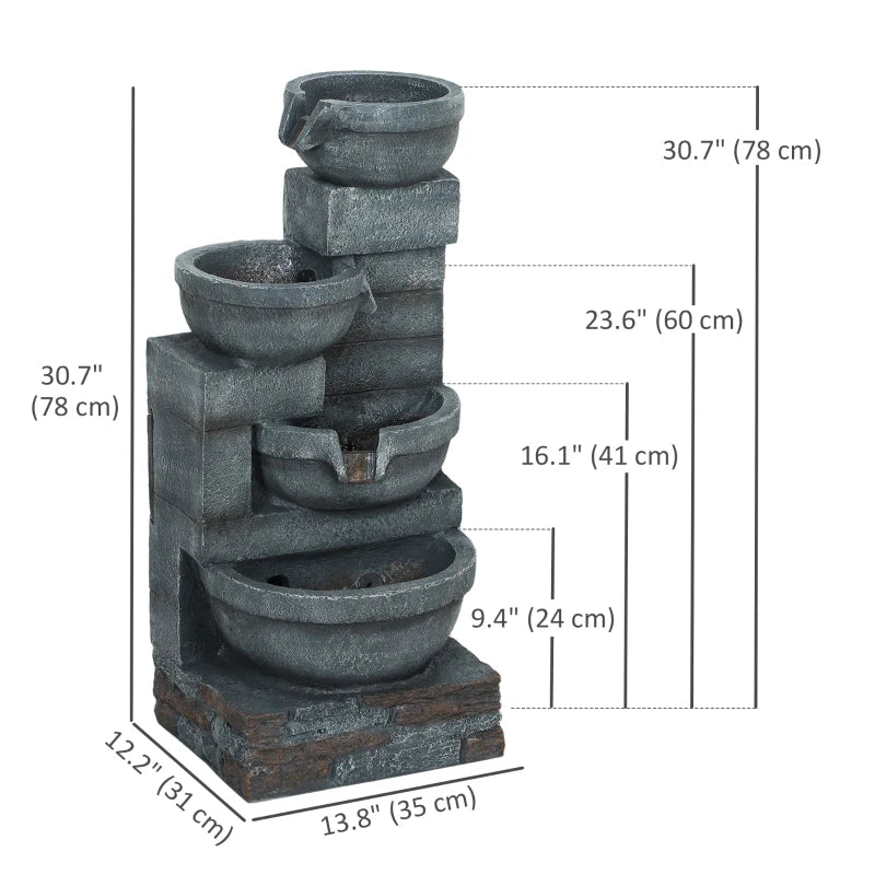 30" Tall Outdoor Water Fountain with LED Lights, 4-Tier Resin Cascading Bowls Garden Fountain Waterfall Fountain with Pump, Grey