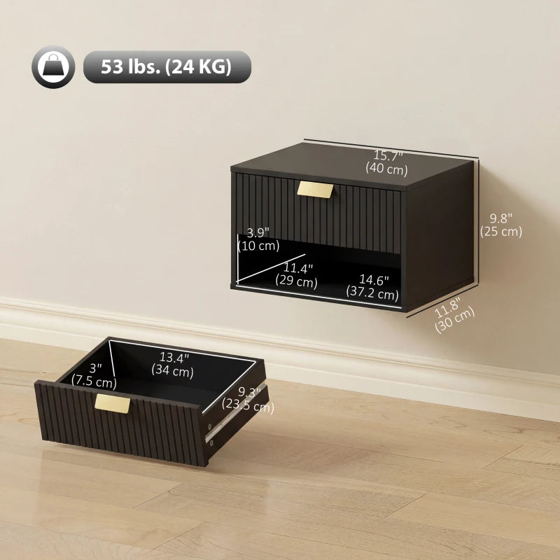Set of 2 Wall Mounted Bedside Tables, Floating Nightstands with Fluted Drawer and Open Shelf for Bedroom, Black