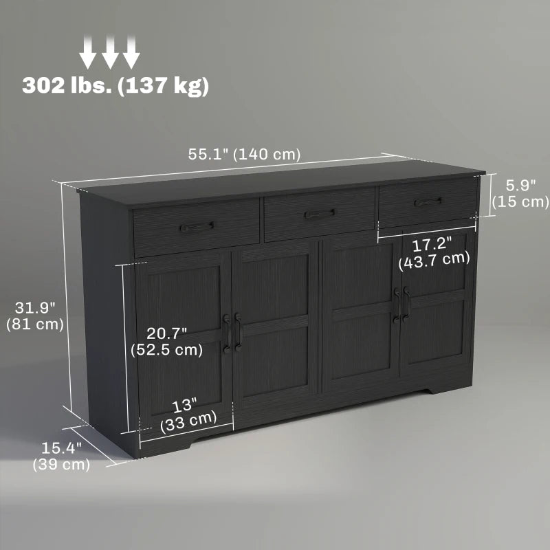 Sideboard Buffet Cabinet with Storage, Modern Coffee Bar Cabinet with 3 Drawers and Adjustable Shelves, Distressed Black