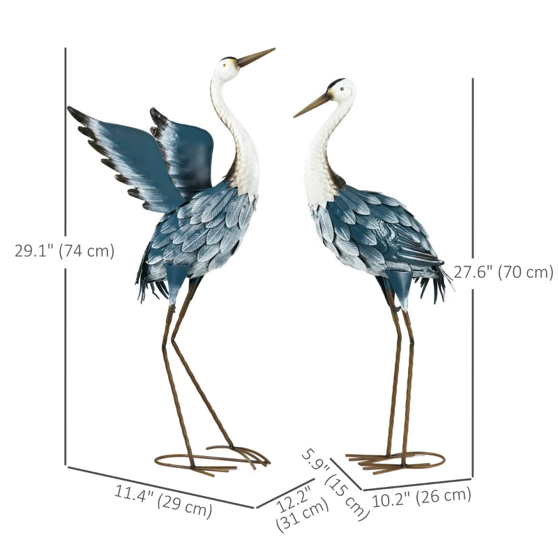 Set of 2 Garden Sculptures, Heron Garden Statues for Lawn, Patio, Backyard Decoration, 29" & 27.5", Blue