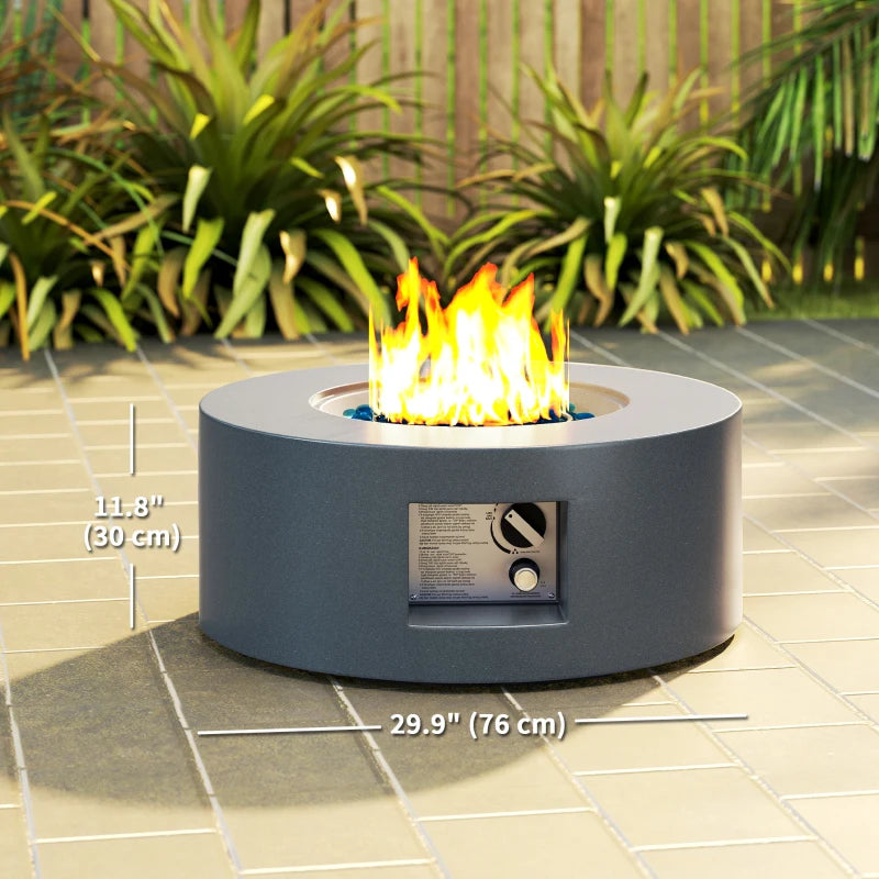 30" Round Propane Fire Pit Table 50,000 BTU Outdoor Gas Fire Table with Waterproof Cover, Decorative Glass Rocks, Tank Holder, Grey