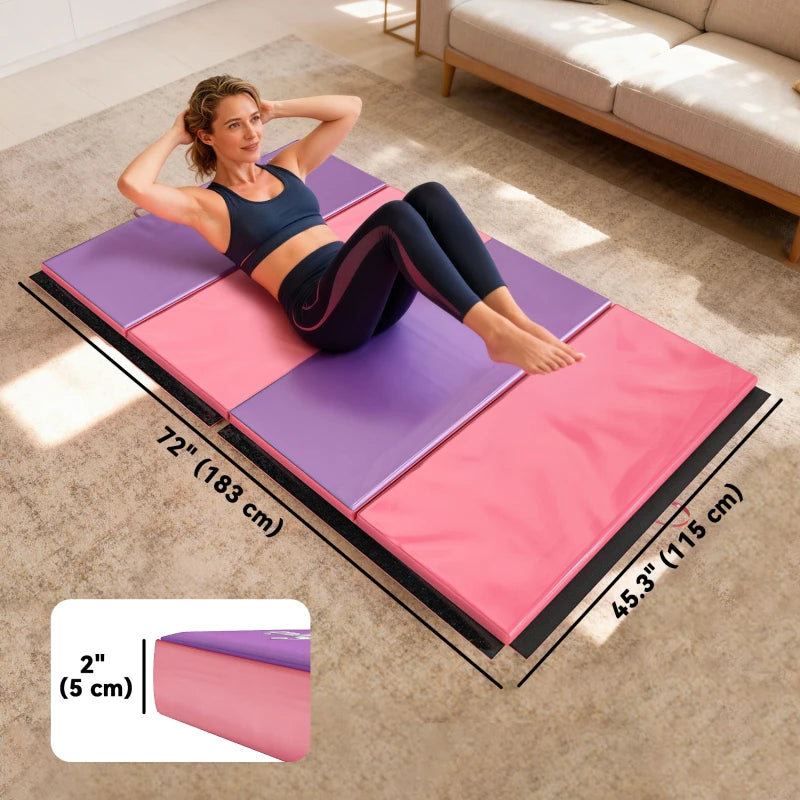 Soozier 4'x6'x2'' Folding Gymnastics Tumbling Mat, Exercise Mat with Carrying Handles for Yoga, MMA, Martial Arts, Stretching, Core Workouts, Pink and Purple