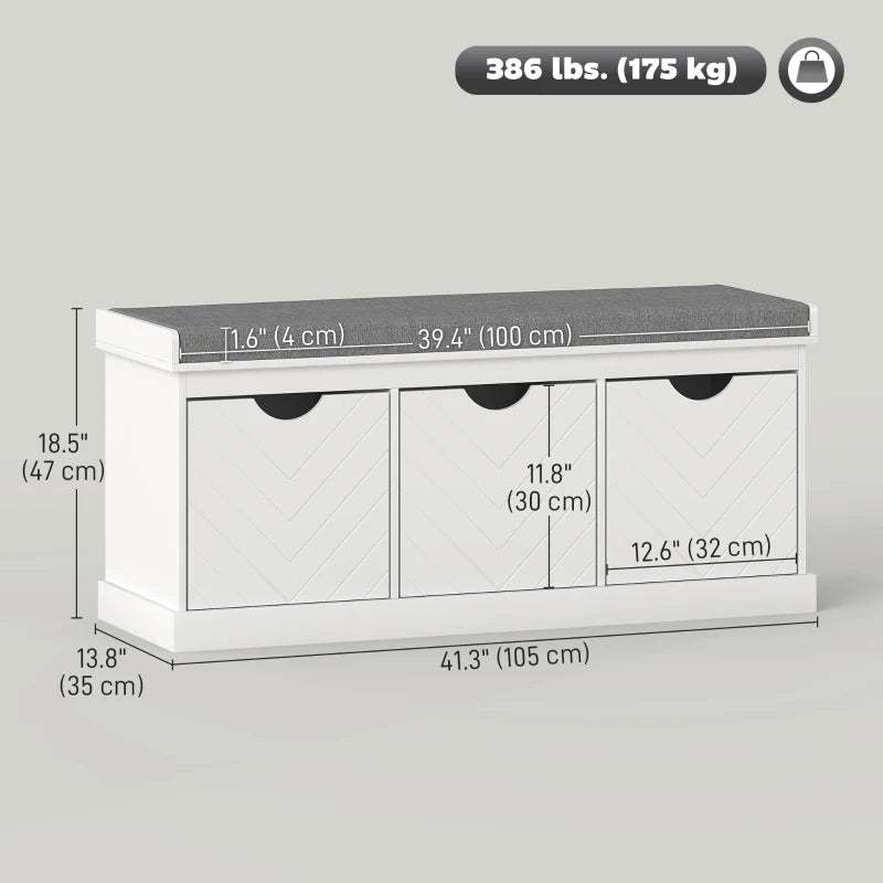 Shoe Storage Bench, Linen-Look Entryway Bench with 3 Removable Drawers and Padded Seat Cushion for Hallway, White
