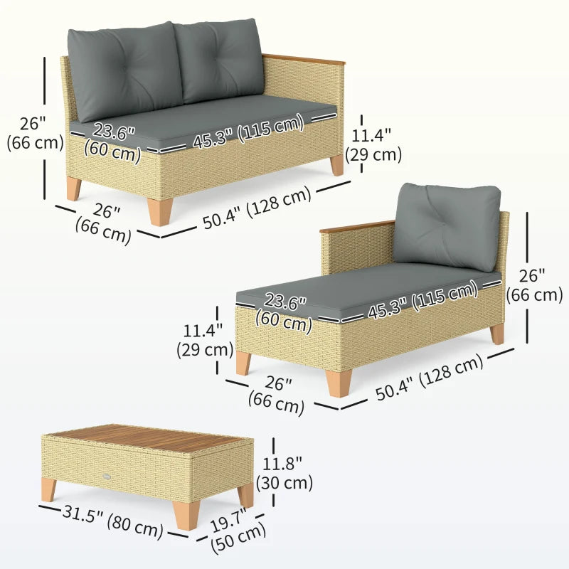 3 Piece Patio Furniture Set, L-Shaped Outdoor Furniture Conversation Set with Wood Top Coffee Table, Light Grey