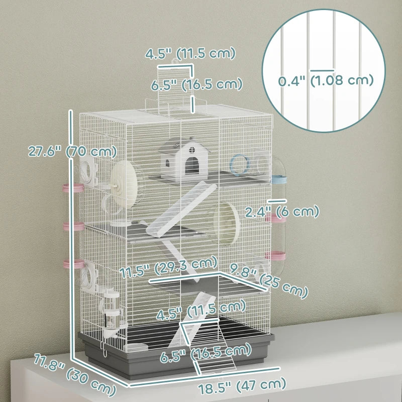 4-Level Large Hamster Cage with DIY Tubes, Water Bottle, Food Dish, Hut, Exercise Wheels, Grey