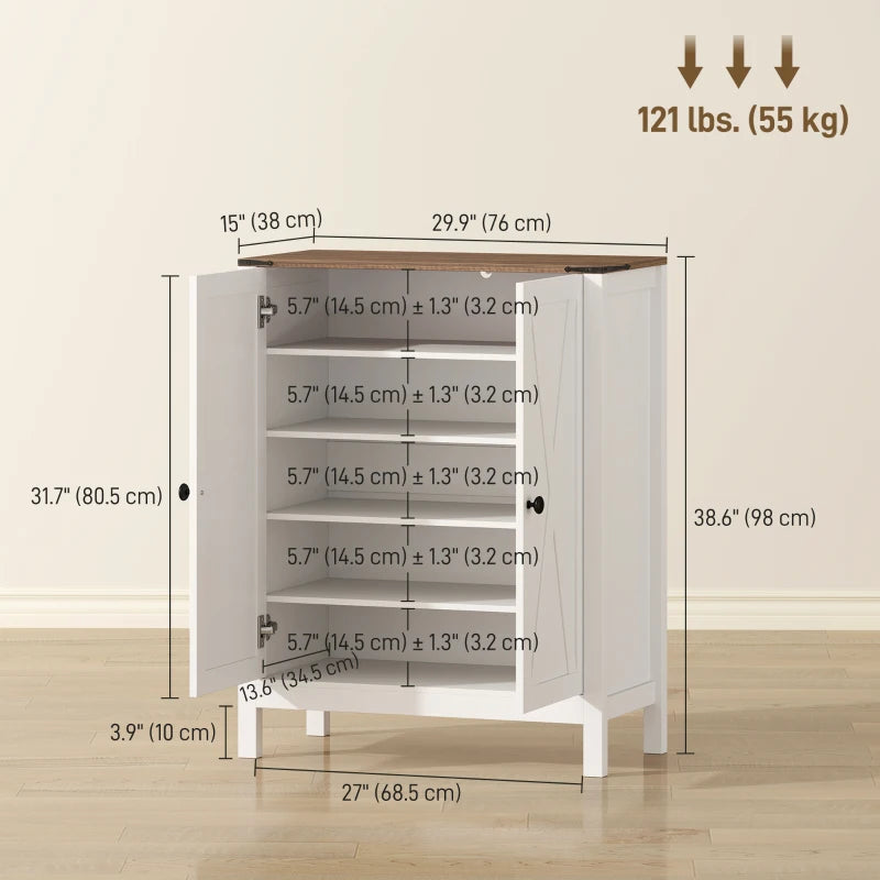 Shoe Cabinet with Barn Doors, Farmhouse Shoe Storage Cabinet with Adjustable Shelves, Holds up to 15 Pairs, White