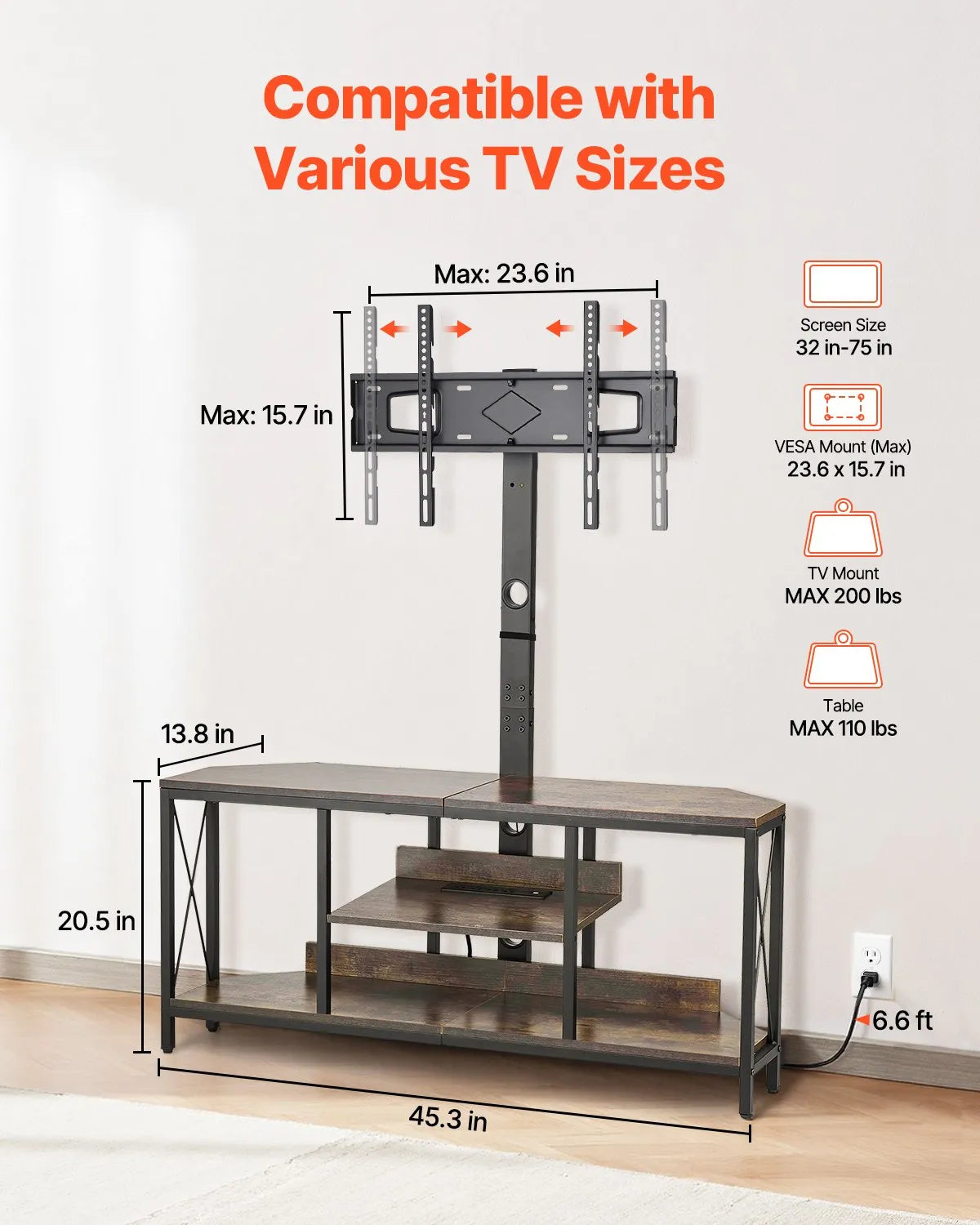 VEVOR 45" TV Stand with Mount for up to 75 in TVs with Power Outlet & LED Lights