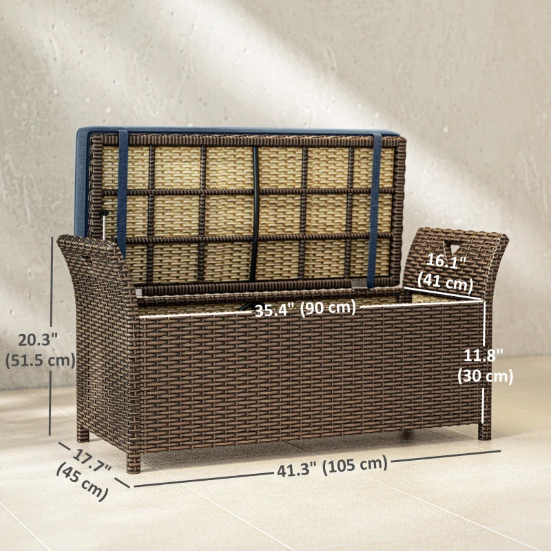 2-In-1 Outdoor Storage Bench, 29 Gallon Wicker Deck Box with Handles and Cushion, Navy Blue