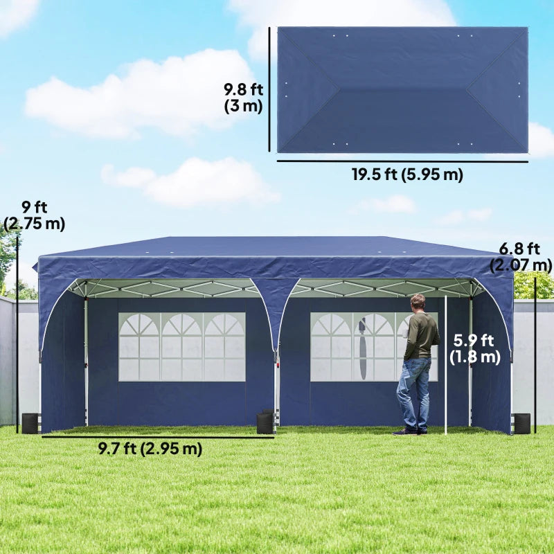 10 x 20 ft Pop Up Canopy Tent with Reflective Strips, UPF 50+ Easy up Instant Canopy with 6 Sandbags, Dark Blue