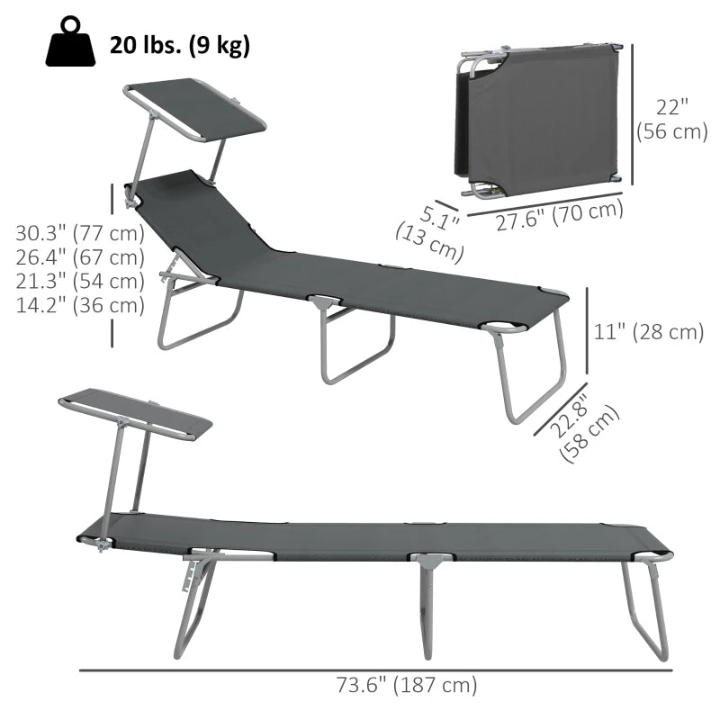 2Pcs Outdoor Lounge Chair, Adjustable Folding Chaise Lounge with Sun Shade for Beach, Camping, Hiking, Grey