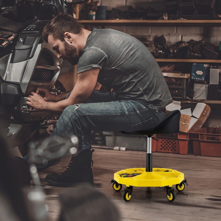 20 Inch-25 Inch Height Adjustable Rolling Garage Stool with Tool Tray Storage-Yellow