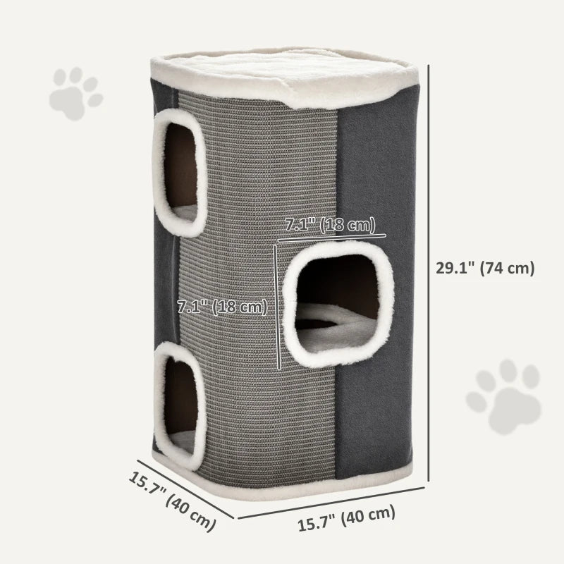 4-Story Cat House for Indoor, Cat Condo with Sisal Scratching Surface, Removable Cushion, 16" x 16" x 29", Grey