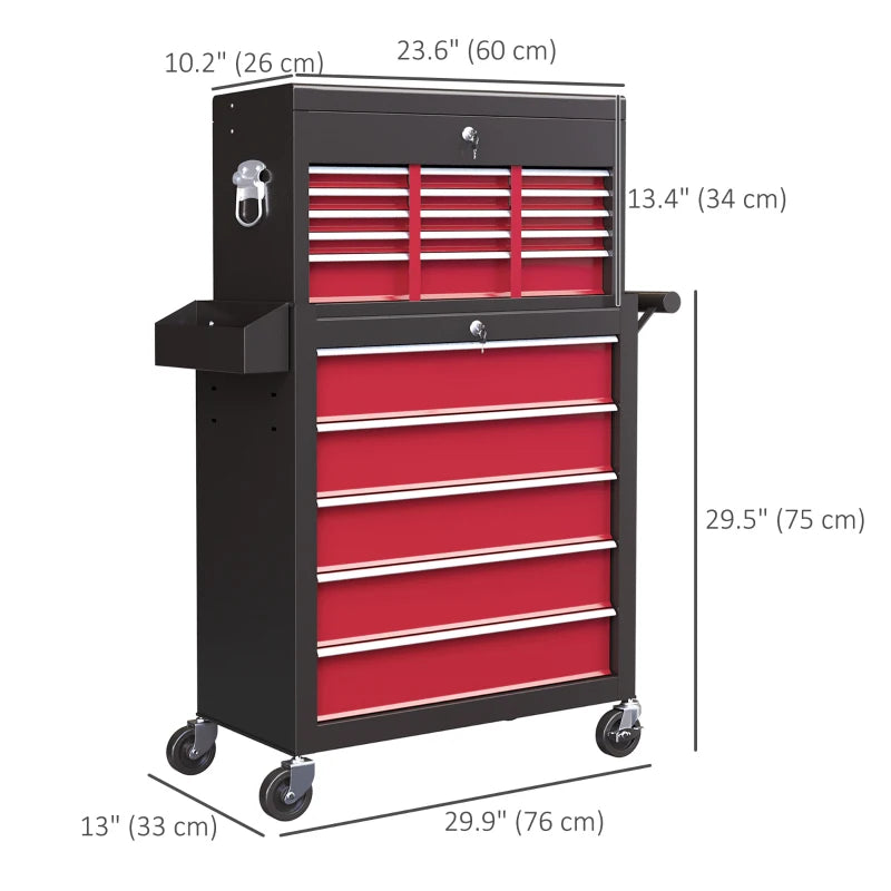 14 Drawer Rolling Tool Chest, Lockable Tool Storage Cabinet with Detachable Top Toolbox, Protective Liner, Red