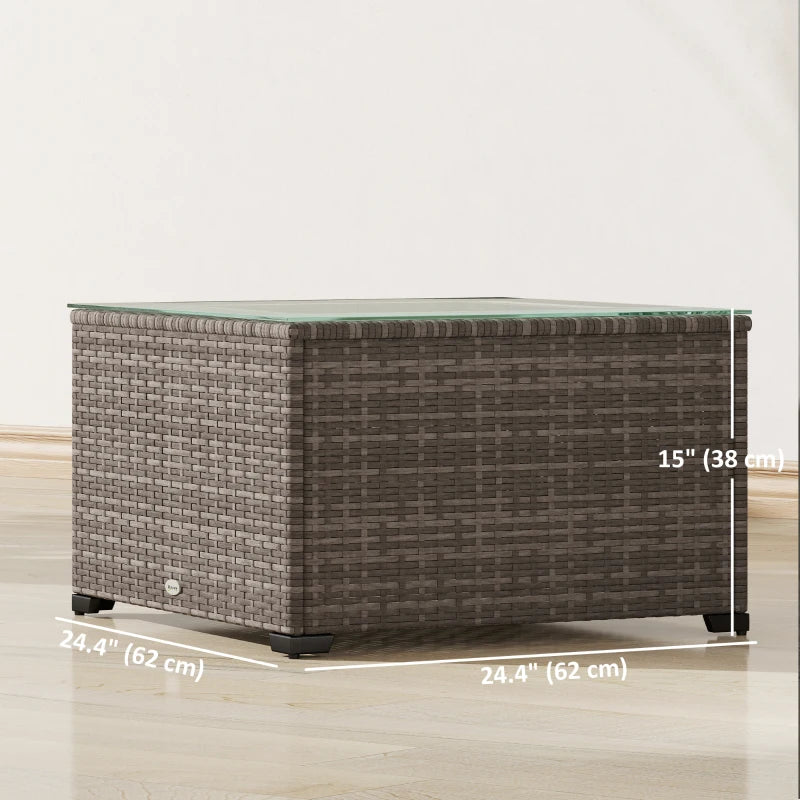 24.4" Patio Wicker Coffee Table, PE Rattan Outdoor Side Table with Tempered Glass Top, Black