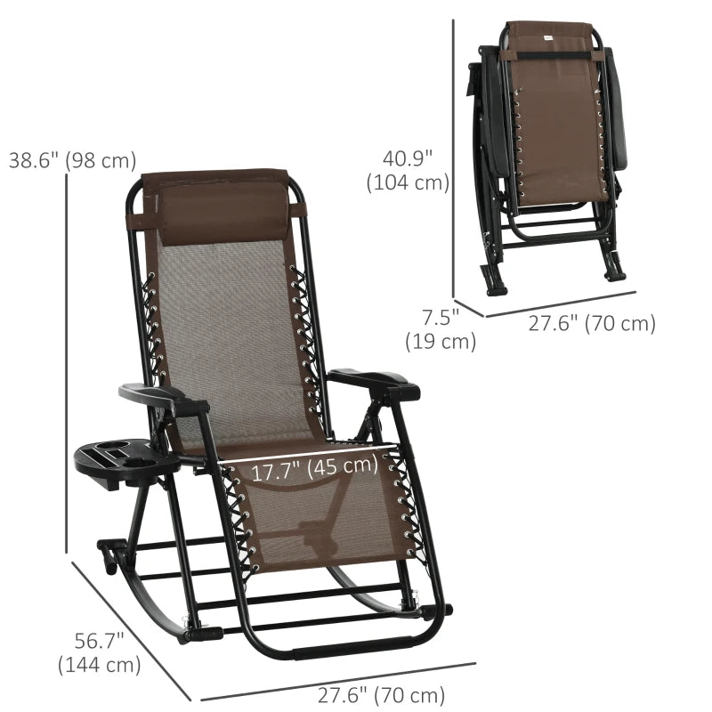 2 in 1 Adjustable Zero Gravity Reclining Lounge Chair Garden Recliner and Rocker Foldable Sun Lounger Napping Seat w/ Headrest & Tray Brown