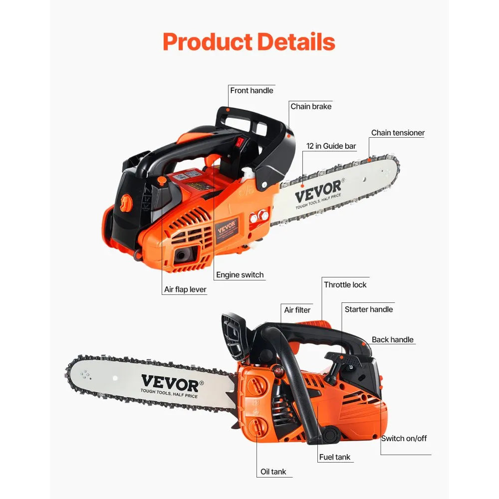 VEVOR 25.4CC 12" Gasoline Chainsaw Powered Wood Cutting Engine Gas Chain Saw
