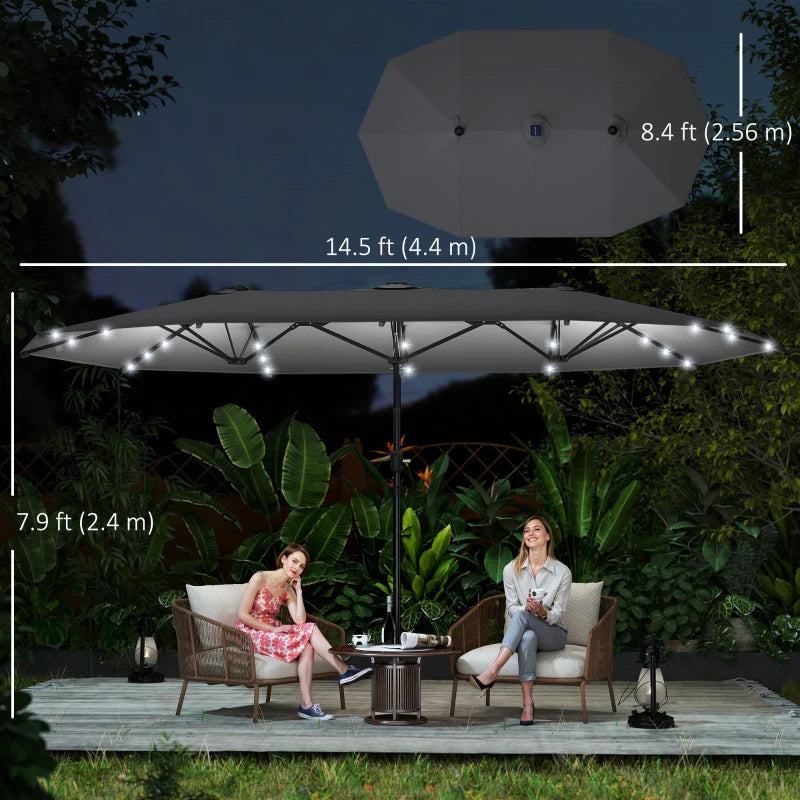 173" Double-Sided Sun Umbrella Garden Parasol Patio Sun Shade Outdoor with LED Solar Light, No Base Included, Dark Gre