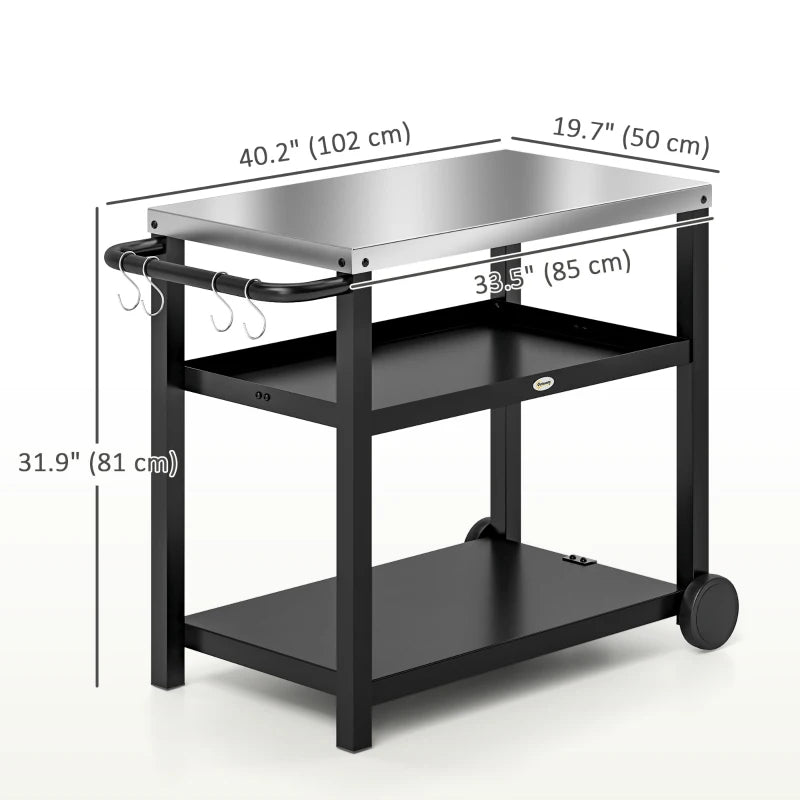 3-Shelf Outdoor Grill Dining Cart Pizza Oven Stand with Stainless Steel Top, Movable BBQ Food Prep Table Outdoor Kitchen Island with Hooks Wheels Handle, Charcoal Grey