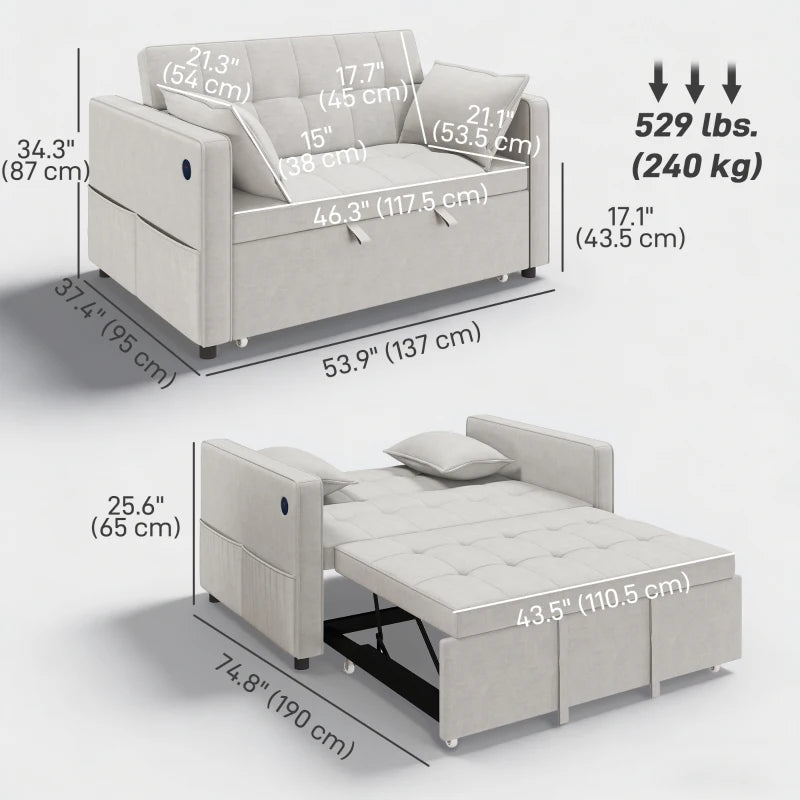3‑in‑1 Convertible Sofa Bed, Pull Out Sleeper Sofa with USB Charging, Adjustable Backrest, Side Pockets, Beige