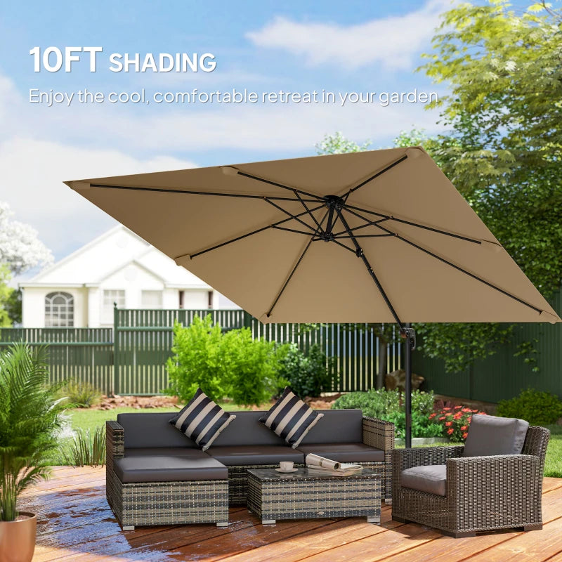 10 FT Cantilever Patio Umbrella, Square Patio Umbrella with Crank Handle, Cross Base and Tilt, 360° Rotation