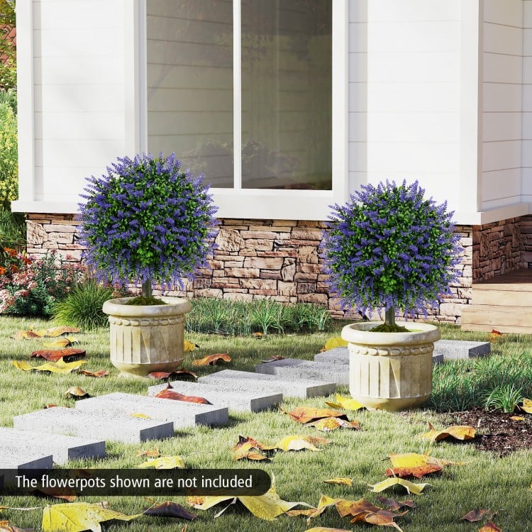 23 Inch Set of 2 Artificial Lavender Topiary Ball Trees with Cement-Filled Pot-Purple