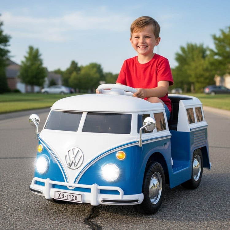 12V Ride On Car Licensed Volkswagen Ride-on Bus with Cup Holder and LED Headlights for 3+ Years Old-Blue
