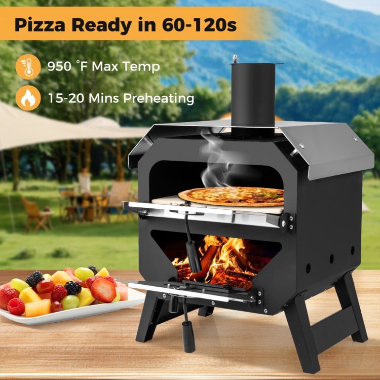 12 Inch Outdoor Pizza Oven with Pizza Stone for Patio Backyard Camping BBQ-Black
