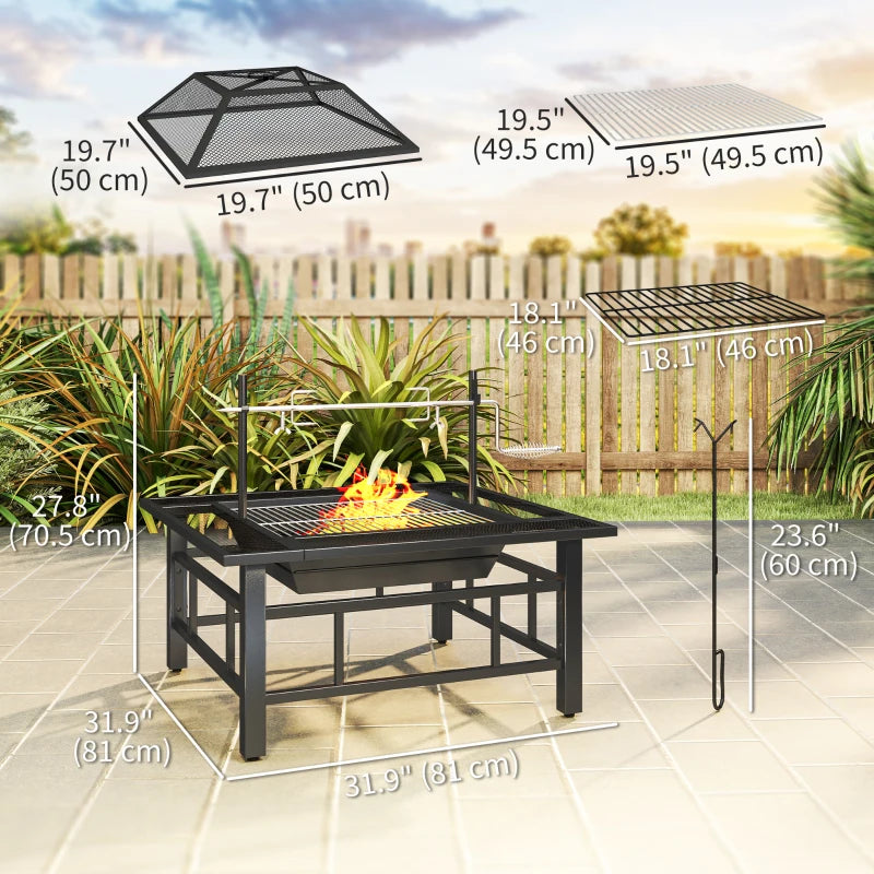 31.9" x 31.9" x 27.8" 2-in-1 Outdoor Fire Pit Firepit with BBQ Grill Grate, Wood Fire Pit with Adjustable Foot Pads, Outer Ledge, Poker, Mesh Lid for Backyard, Black