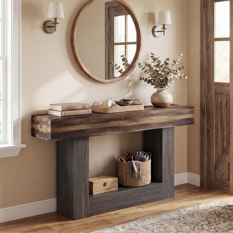 2-Tier Farmhouse Console Table 63" Long with Storage Shelf-Rustic Brown
