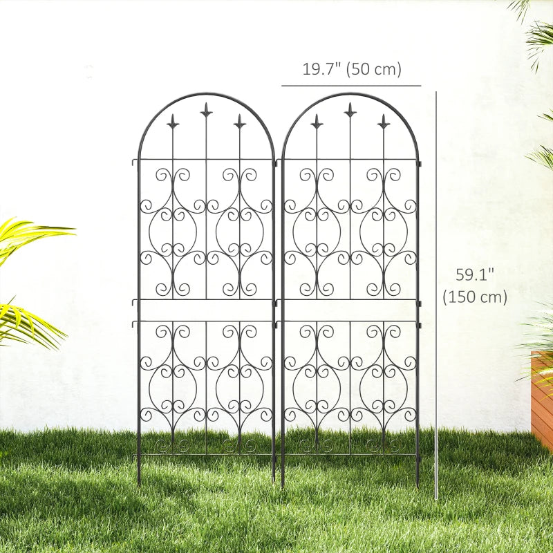 Set of 2 Metal Garden Trellis, Decorative Trellis Panels, Scrollwork Design, 150 x 50 cm, Black