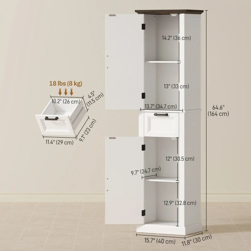 65" Tall Bathroom Storage Cabinet, Freestanding Farmhouse Slim Bathroom Cabinet with 2 Doors, Shelves and Drawer, White
