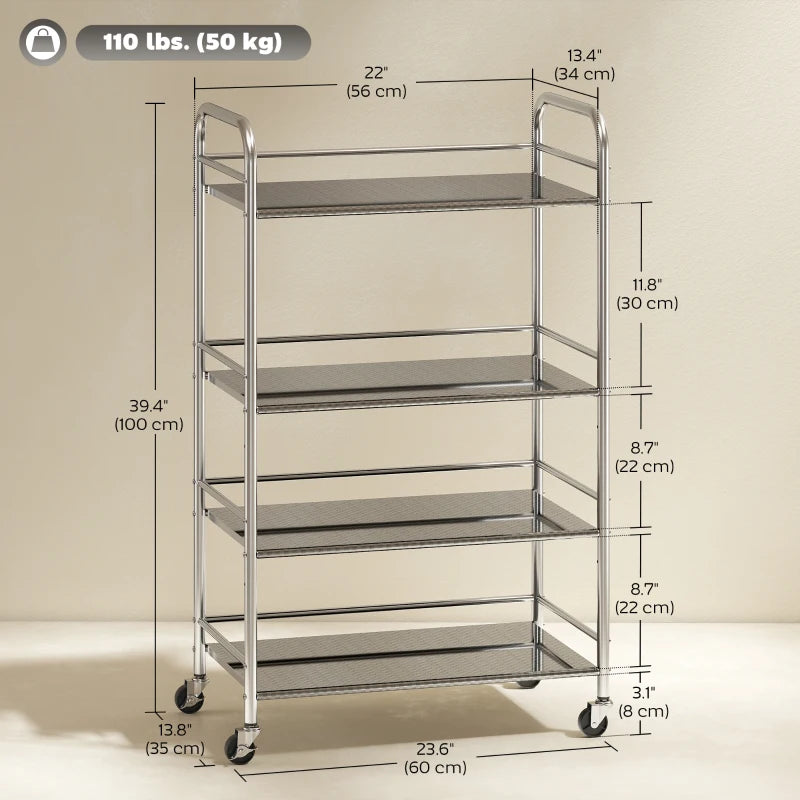 4 Tier Stainless Steel Rolling Cart with Adjustable Shelves, Utility Cart on Wheels with Handles for Kitchen, Silver