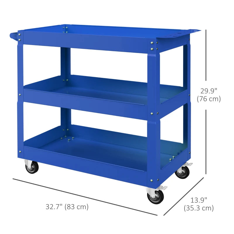 3 Tier Rolling Tool Cart with Wheels, 330 LBS Capacity Heavy Duty Utility Cart, Mobile Service Cart for Garage, Blue