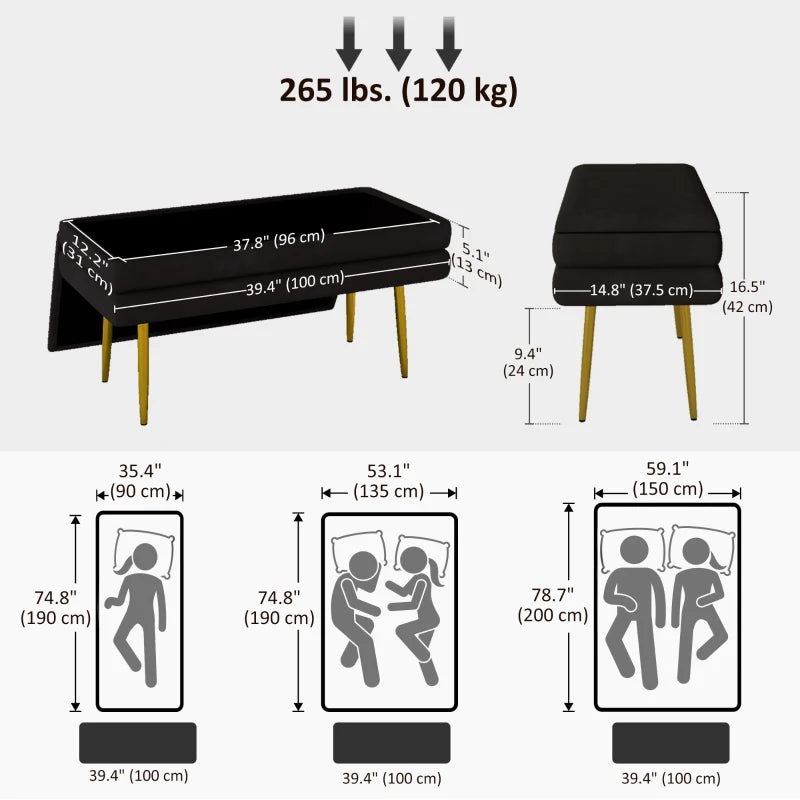 39" Storage Ottoman, Velvet End of Bed Bench with Steel Legs, Foot Stool with Storage for Bedroom, Living Room, Black
