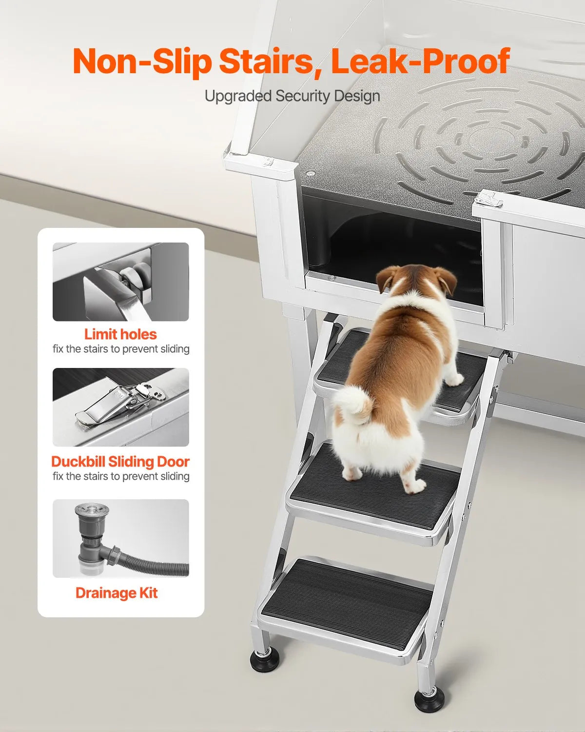 VEVOR 38" Dog Grooming Bath Tub Stainless Steel w/ Stairs Faucet Left Door