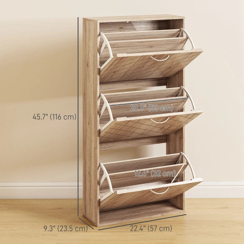 Shoe Storage Cabinet with 3 Flip Drawers, Narrow and Slim, 12 Pair of Shoes Organizer for Hallway, Entryway, Nature Wood