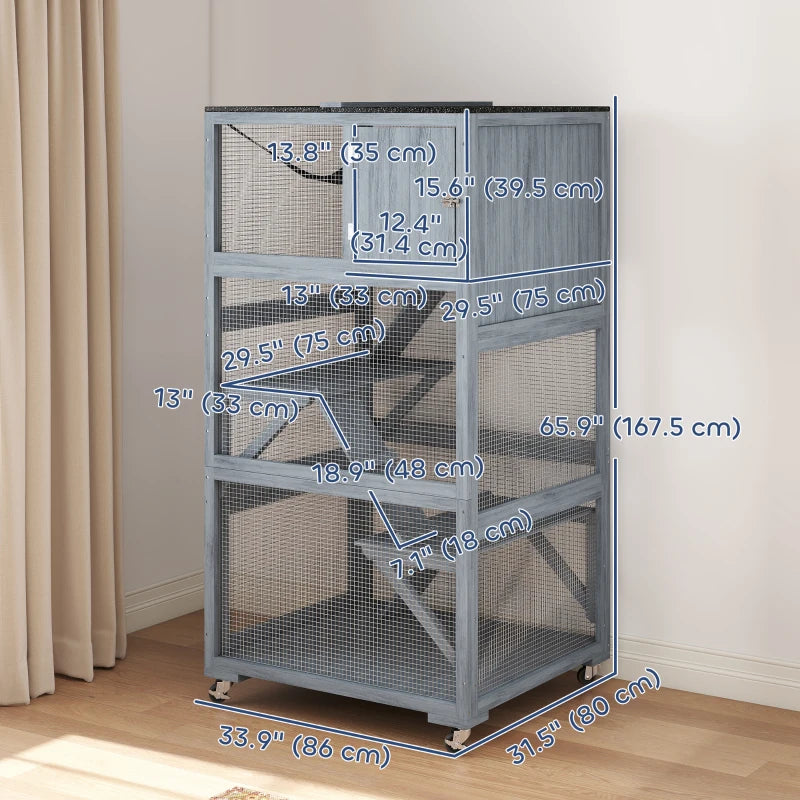 66"H Catio Outdoor Cat Enclosure on Wheels with Hammock Multiple Platforms Resting Condo Ramps for 1-3 Cats, Grey