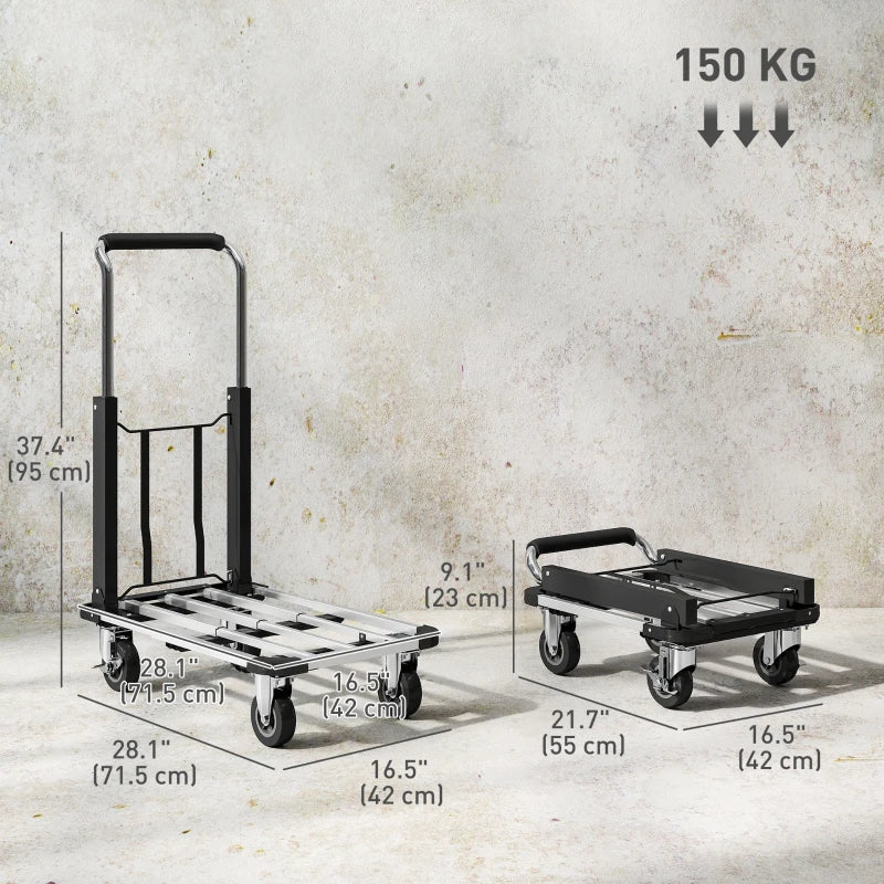 330 lbs Heavy Duty Hand Truck, Folding Trolley, Dolly with Adjustable Handle and Extendable Platform, Silver and Black