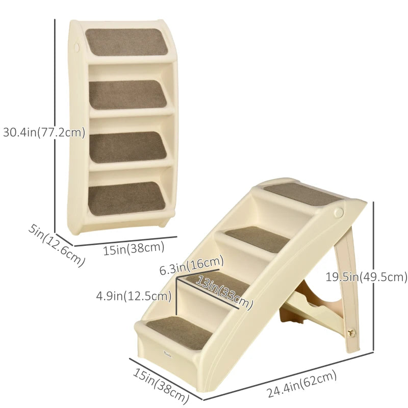 4-Level Portable Dog Stairs, Foldable Dog Steps for Small Dogs, Lightweight Cat Steps, with Nonslip Soft Mats, for High Bed, Sofa, Beige