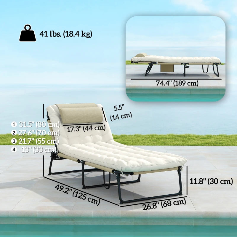 2-Piece Folding Lounge Chairs with Adjustable Backrest, Tanning Chair with Cushion, Side Pocket, Headrest, Beige