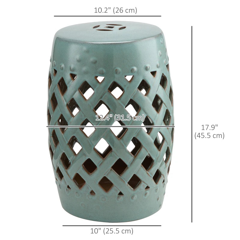 18" Ceramic Garden Stool with Woven Lattice Design, Indoor & Outdoor Decorative Accent Stool, Blue