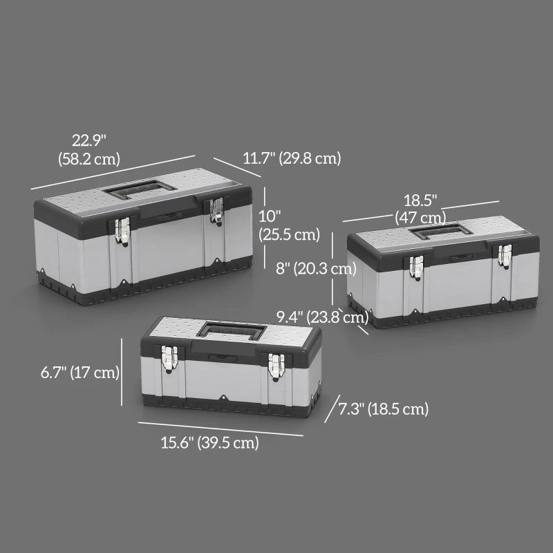 3 Pieces Tool Box Set, Stainless Steel Toolbox with Tray, Handles, Latches, Tool Case for Workshop, Garage
