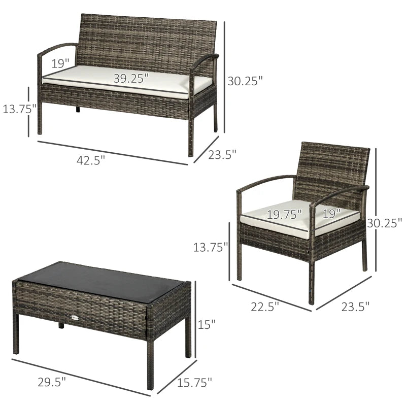 4 Pieces Patio Furniture Sets with A Loveseat, Two Armchairs and A Coffee Table, Outdoor Conversation Set with Glass Top Table, Grey PE Rattan and Cream White Cushions